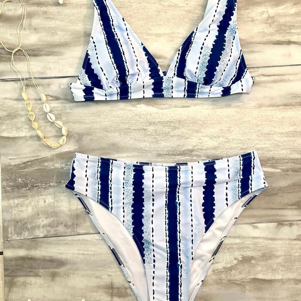 NEW - Full coverage Striped Blue & White Bikini Set